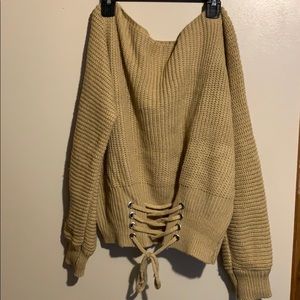 Off The Shoulder Cropped Sweater with Lattice Tie